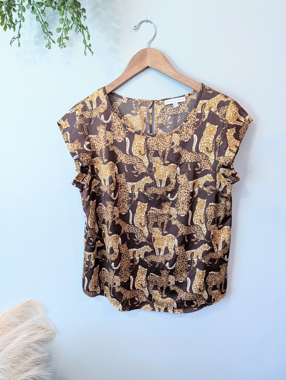 Anthropologie Womens Brown & Gold Leopard Print Cap-Sleeve Top Sz Small